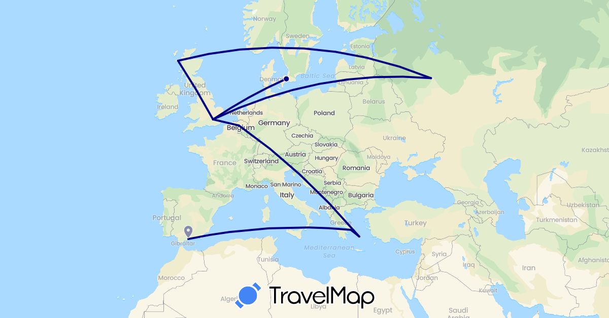 TravelMap itinerary: driving in Belgium, Denmark, Spain, United Kingdom, Greece, Russia (Europe)