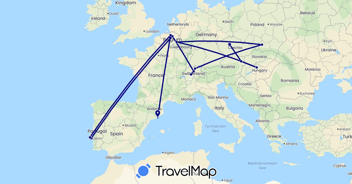 TravelMap itinerary: driving in Austria, Belgium, Switzerland, Czech Republic, Spain, Hungary, Poland, Portugal (Europe)